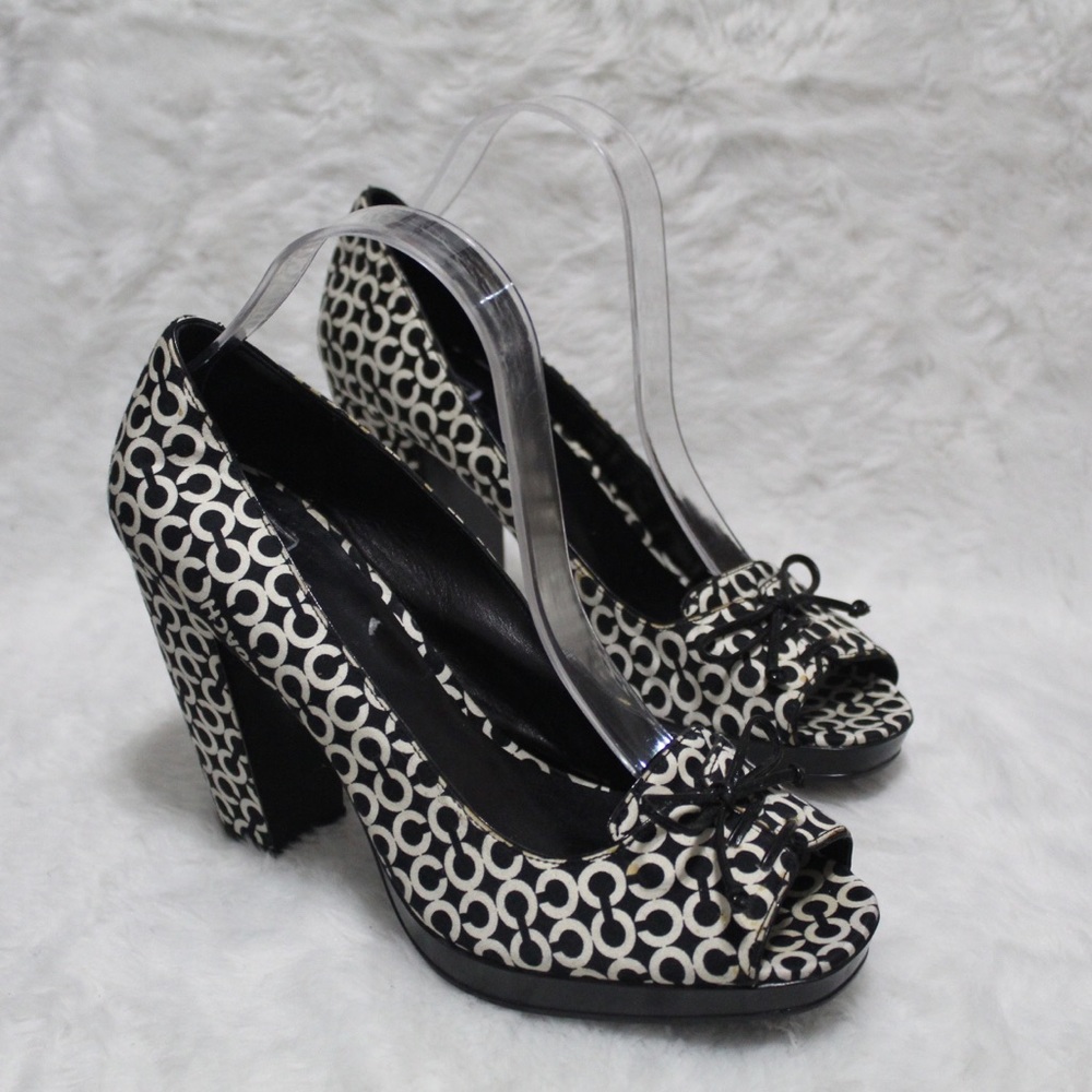 Black & White Patterned Peep-Toe Block Heel Pumps